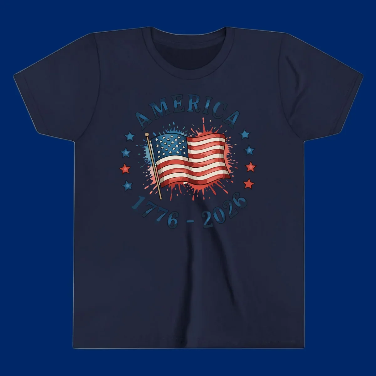 A patriotic America 250th anniversary flag design with text 'AMERICA' and '1776 - 2026' with paint splatters and stars.