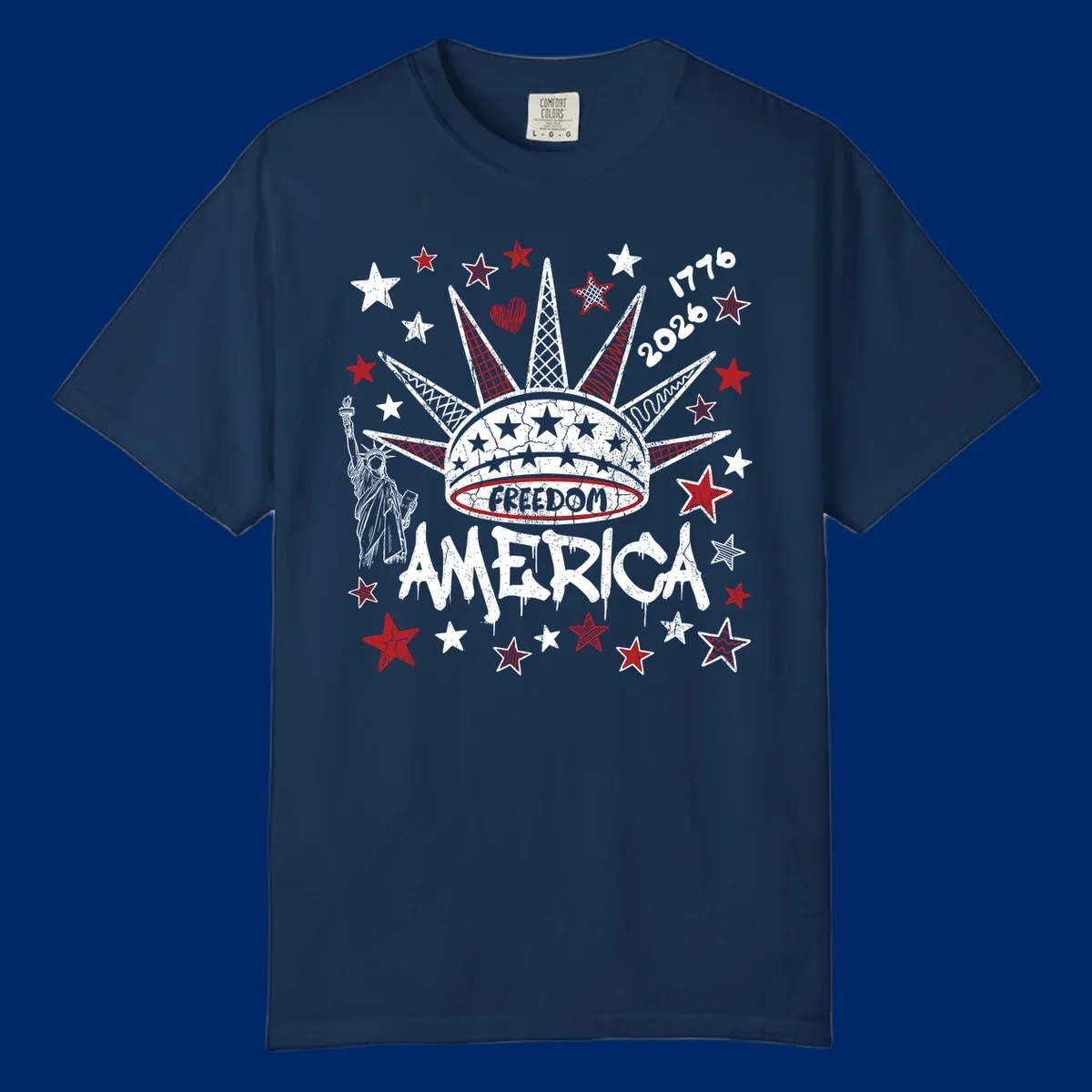 Distressed freedom america 1776 2026 design with Statue of Liberty, stars, and abstract shapes, celebrating America's 250th.