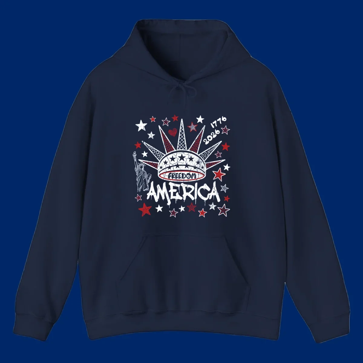 Distressed freedom america 1776 2026 design with Statue of Liberty, stars, and abstract shapes, celebrating America's 250th.
