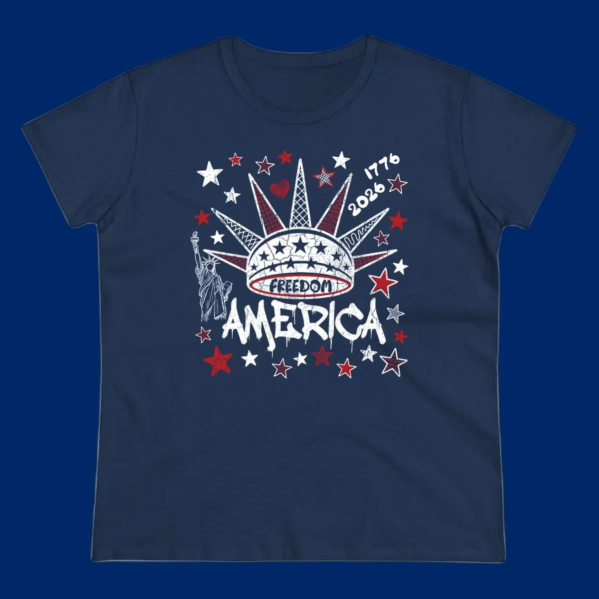 Distressed freedom america 1776 2026 design with Statue of Liberty, stars, and abstract shapes, celebrating America's 250th.