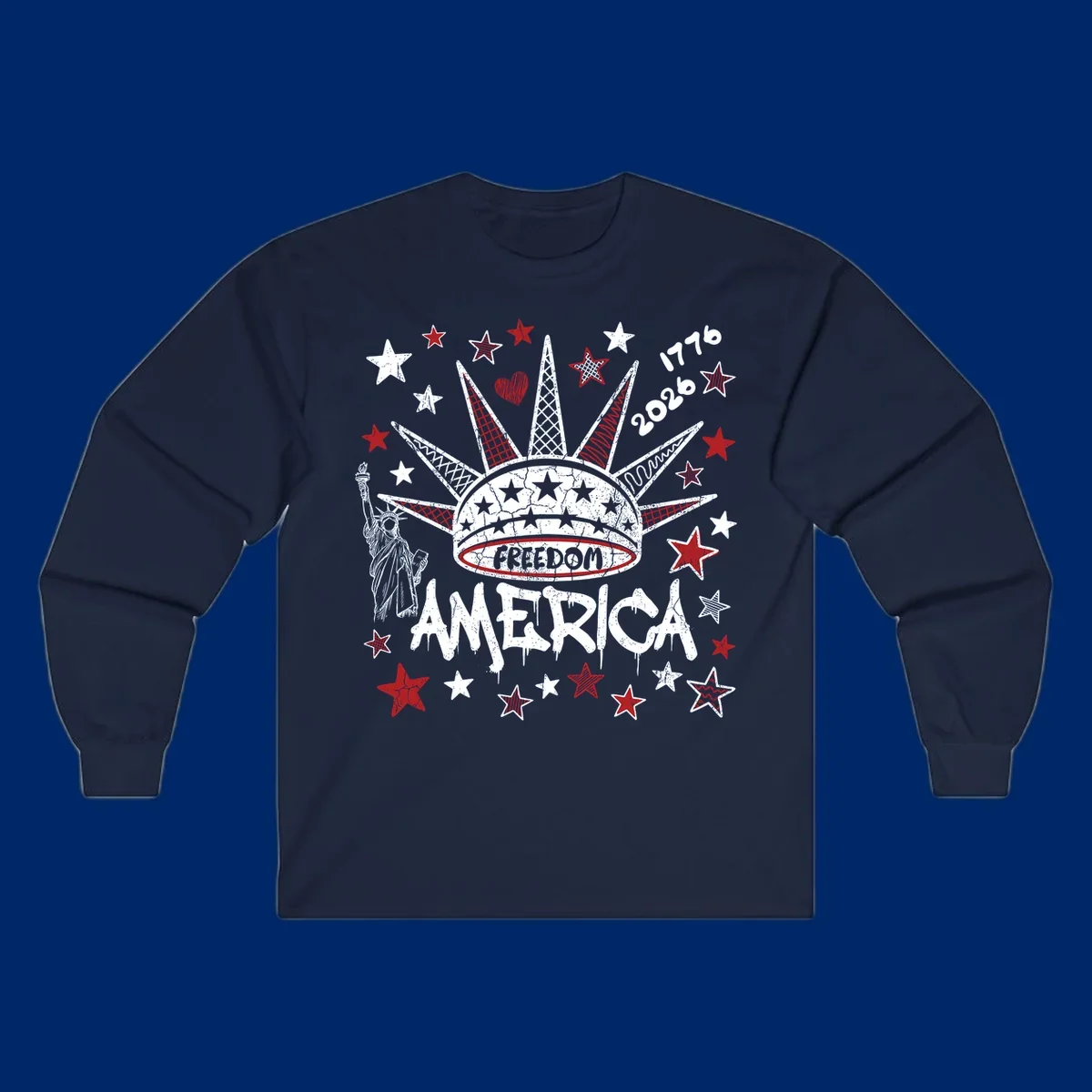 Distressed freedom america 1776 2026 design with Statue of Liberty, stars, and abstract shapes, celebrating America's 250th.