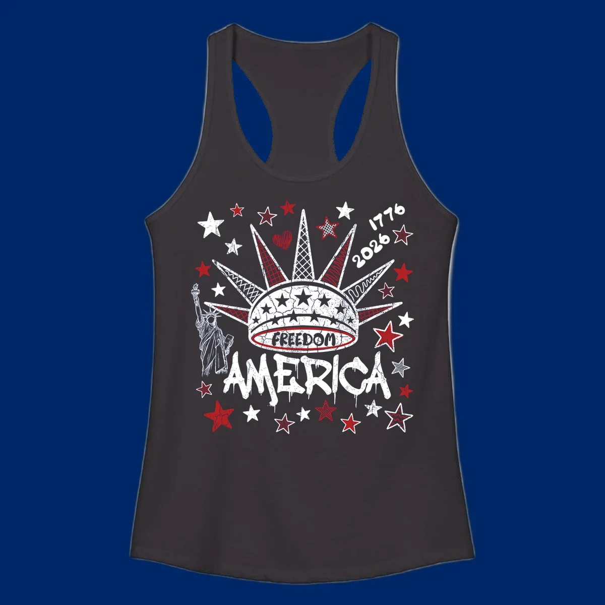 Distressed freedom america 1776 2026 design with Statue of Liberty, stars, and abstract shapes, celebrating America's 250th.