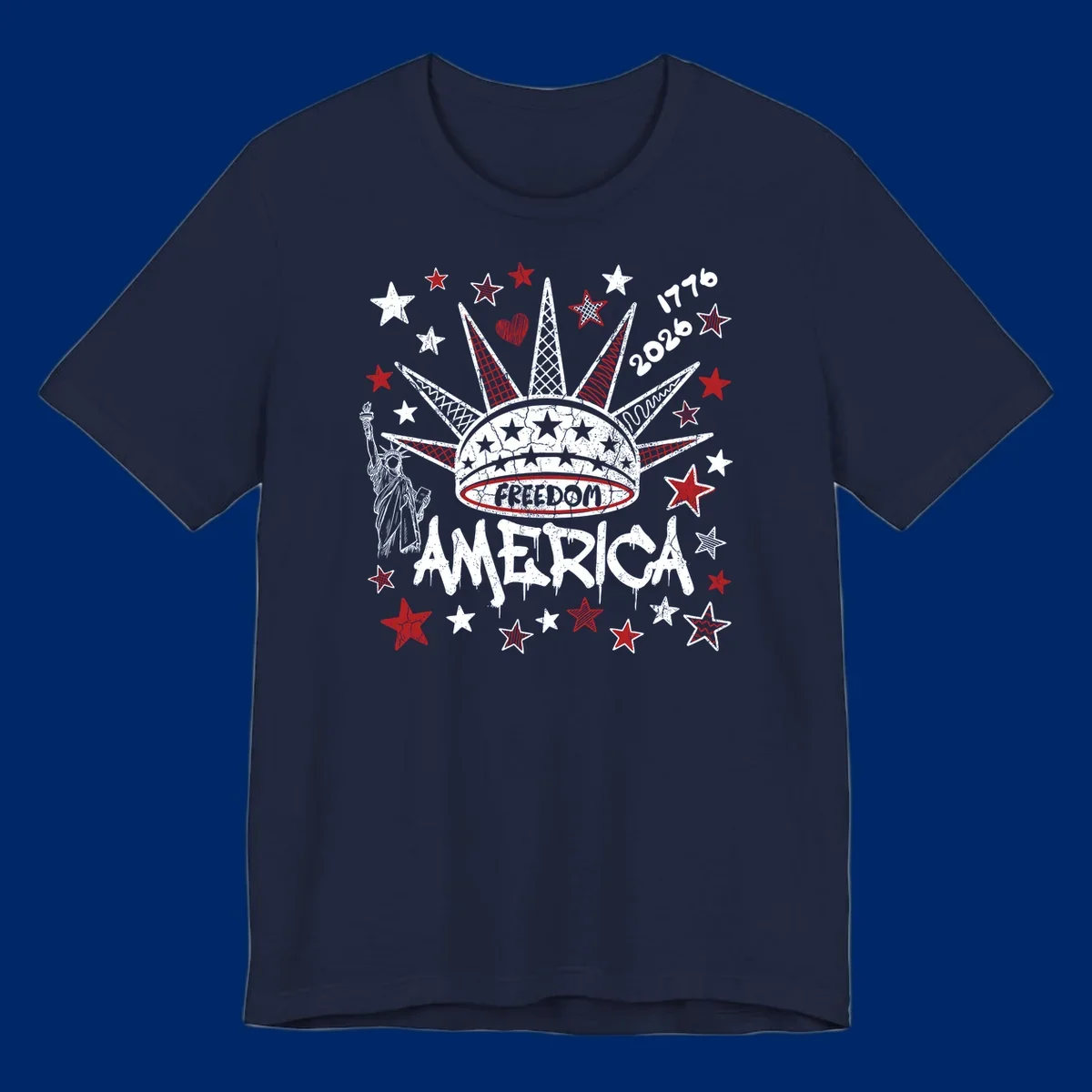 Distressed freedom america 1776 2026 design with Statue of Liberty, stars, and abstract shapes, celebrating America's 250th.