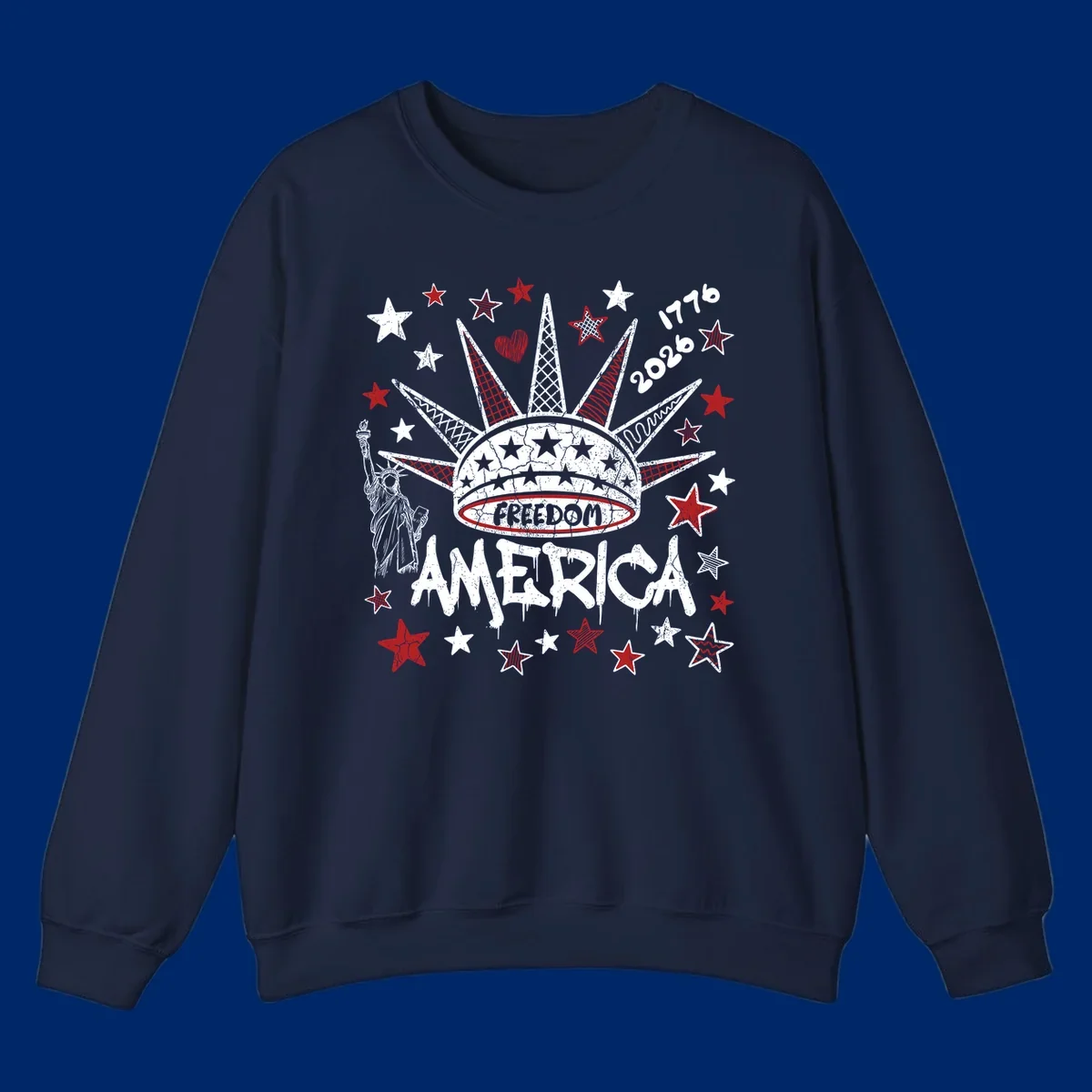 Distressed freedom america 1776 2026 design with Statue of Liberty, stars, and abstract shapes, celebrating America's 250th.