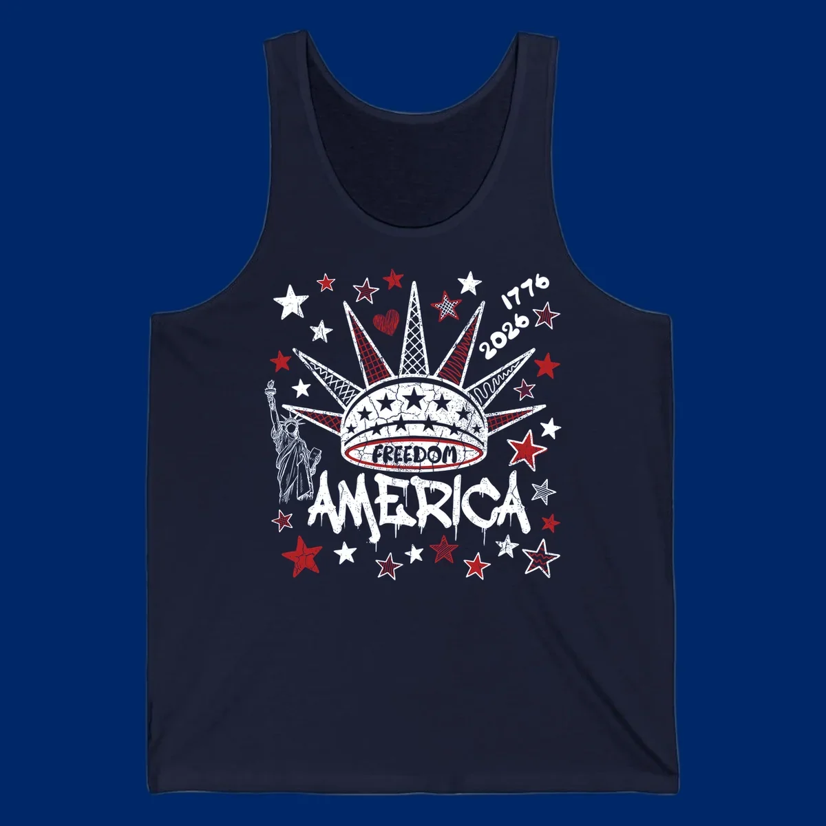 Distressed freedom america 1776 2026 design with Statue of Liberty, stars, and abstract shapes, celebrating America's 250th.
