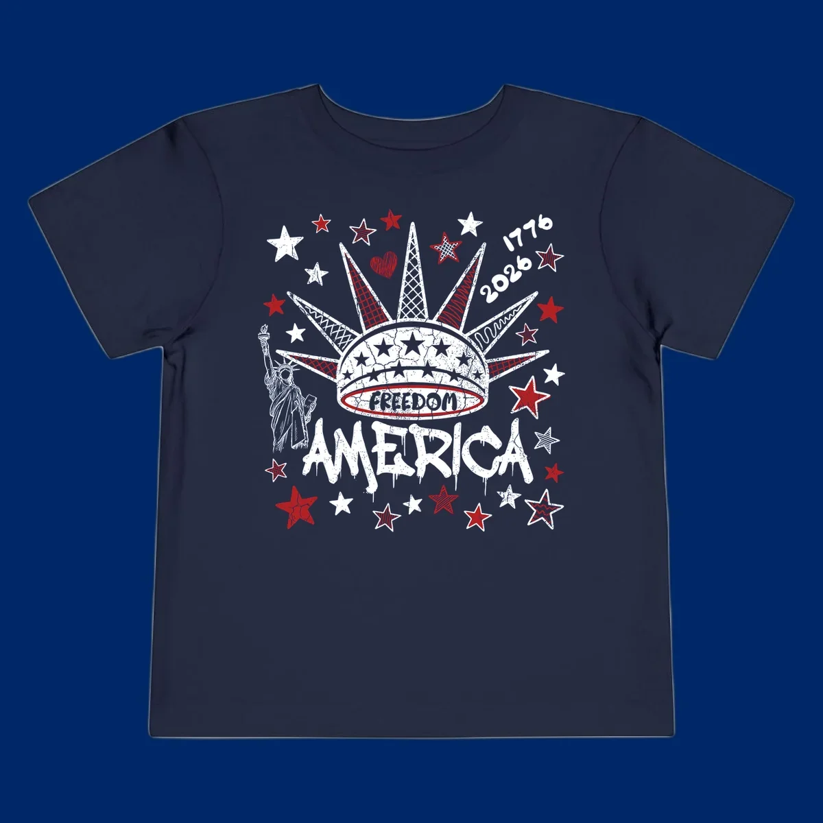 Distressed freedom america 1776 2026 design with Statue of Liberty, stars, and abstract shapes, celebrating America's 250th.