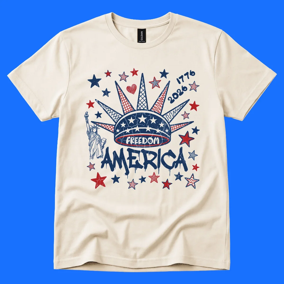Distressed freedom america 1776 2026 design with Statue of Liberty, stars, and abstract shapes, celebrating America's 250th.