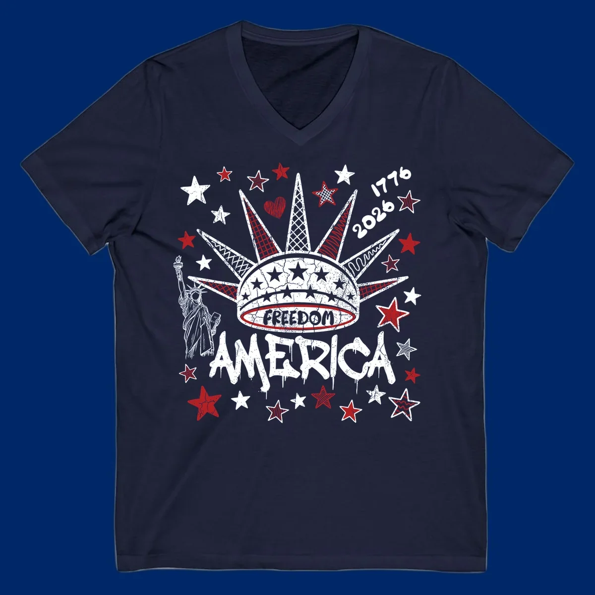 Distressed freedom america 1776 2026 design with Statue of Liberty, stars, and abstract shapes, celebrating America's 250th.
