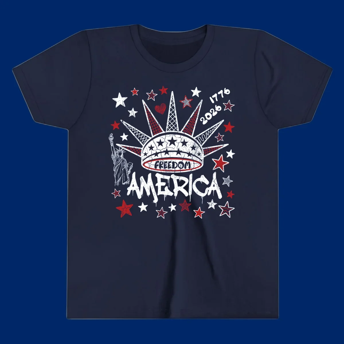 Distressed freedom america 1776 2026 design with Statue of Liberty, stars, and abstract shapes, celebrating America's 250th.