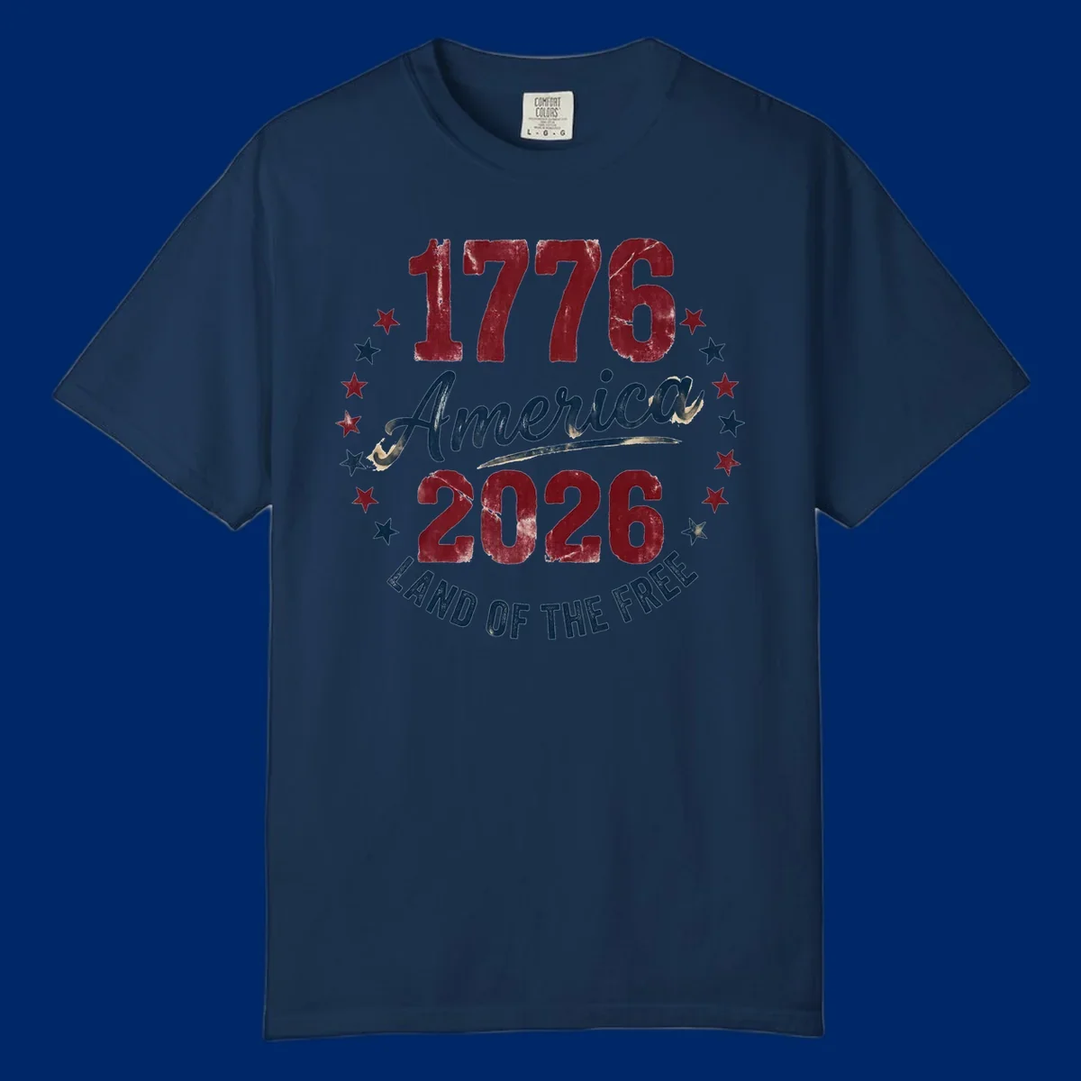 Distressed circular design with '1776', 'America', '2026', and 'LAND OF THE FREE' text, encircled by stars, celebrating America's 250th anniversary.