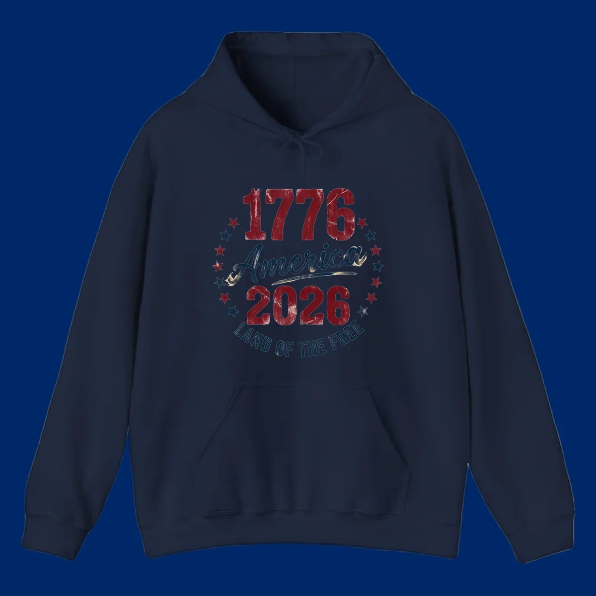 Distressed circular design with '1776', 'America', '2026', and 'LAND OF THE FREE' text, encircled by stars, celebrating America's 250th anniversary.