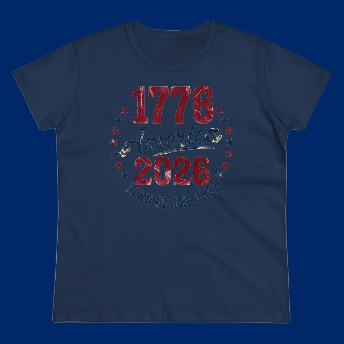 Distressed circular design with '1776', 'America', '2026', and 'LAND OF THE FREE' text, encircled by stars, celebrating America's 250th anniversary.