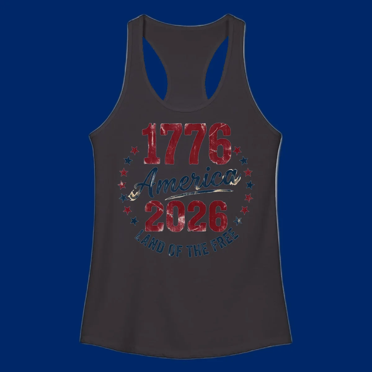 Distressed circular design with '1776', 'America', '2026', and 'LAND OF THE FREE' text, encircled by stars, celebrating America's 250th anniversary.