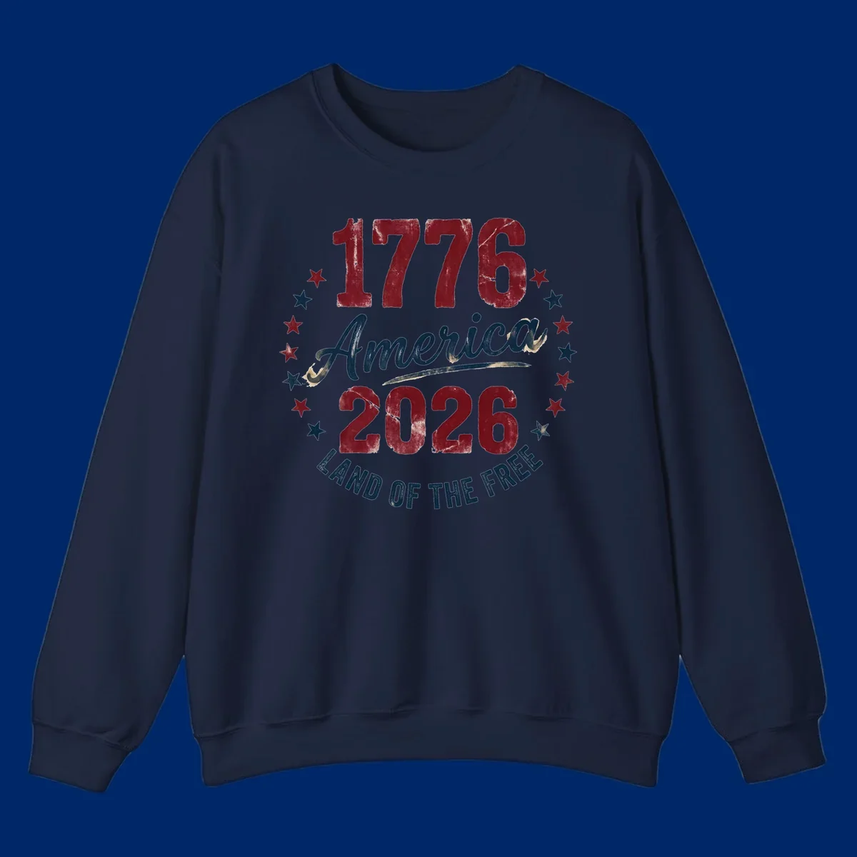 Distressed circular design with '1776', 'America', '2026', and 'LAND OF THE FREE' text, encircled by stars, celebrating America's 250th anniversary.