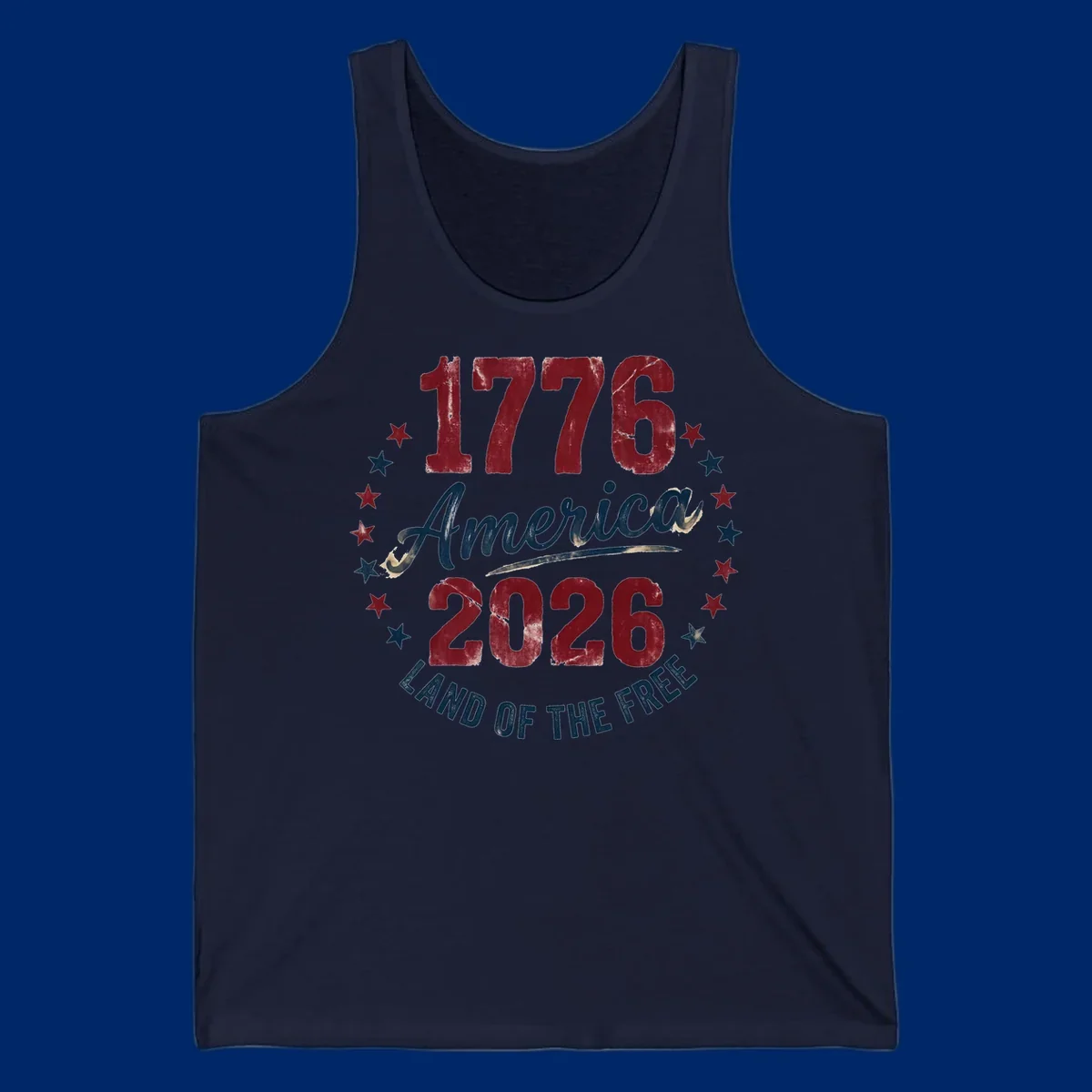 Distressed circular design with '1776', 'America', '2026', and 'LAND OF THE FREE' text, encircled by stars, celebrating America's 250th anniversary.