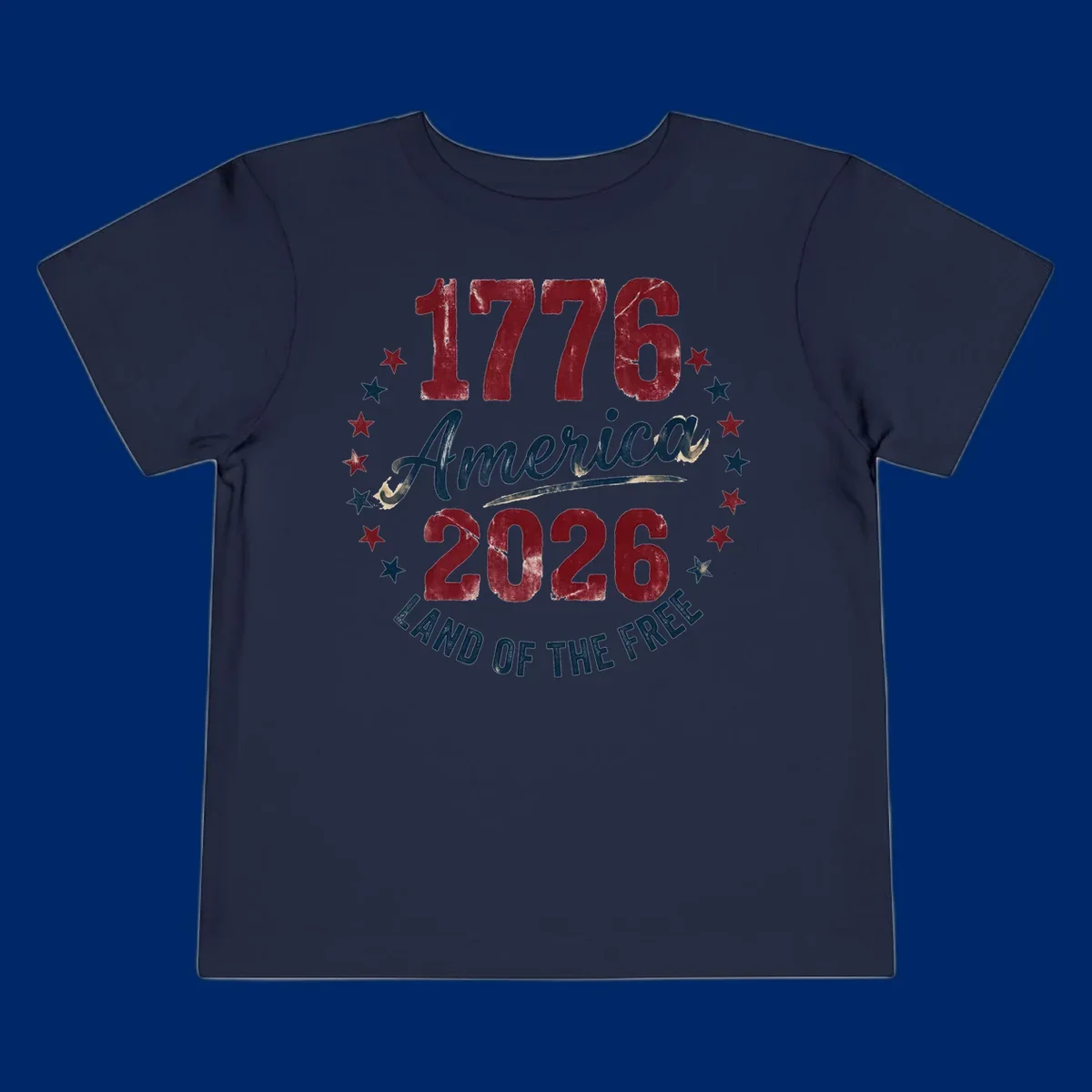 Distressed circular design with '1776', 'America', '2026', and 'LAND OF THE FREE' text, encircled by stars, celebrating America's 250th anniversary.