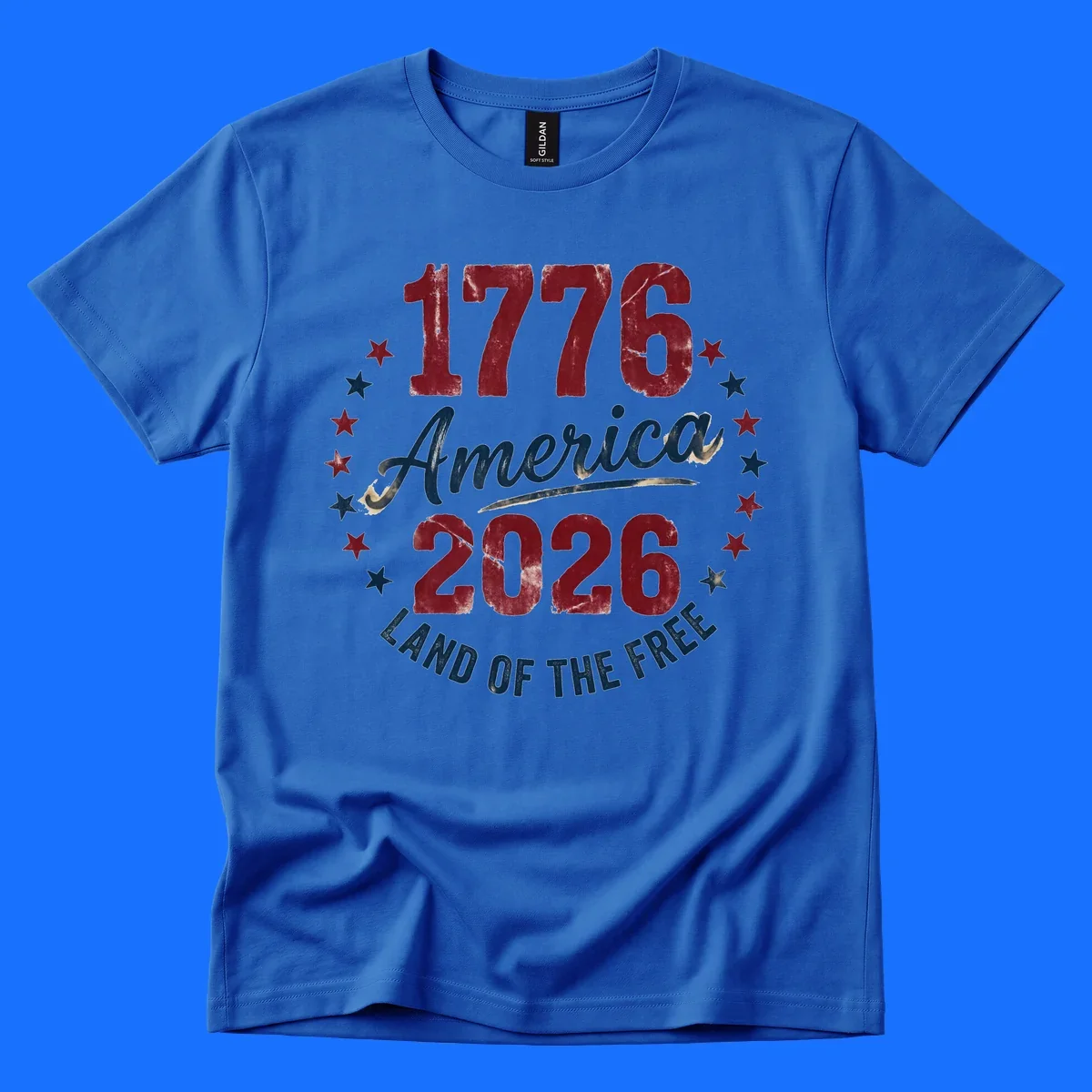 Distressed circular design with '1776', 'America', '2026', and 'LAND OF THE FREE' text, encircled by stars, celebrating America's 250th anniversary.