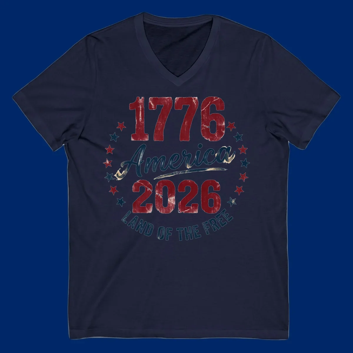 Distressed circular design with '1776', 'America', '2026', and 'LAND OF THE FREE' text, encircled by stars, celebrating America's 250th anniversary.