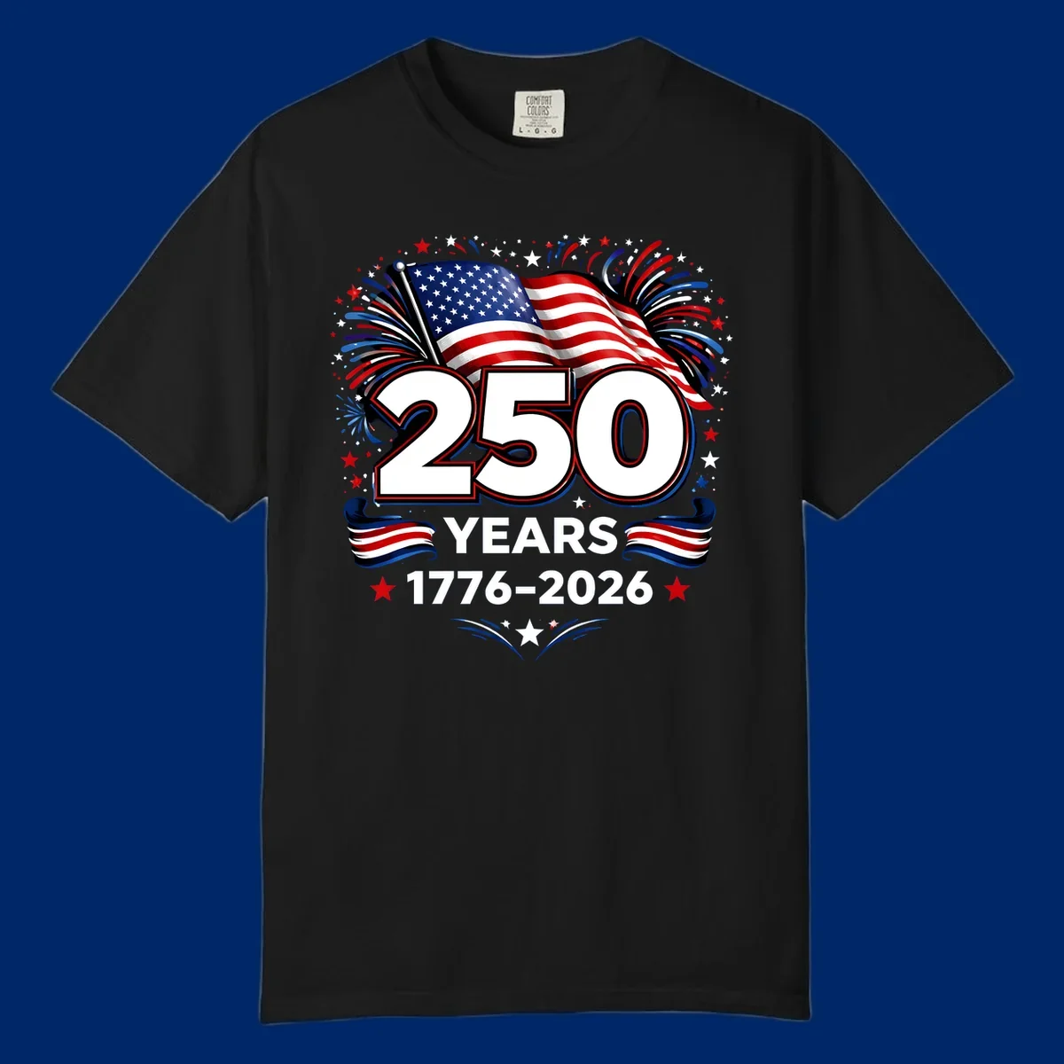 A vibrant design for America's 250th anniversary, featuring a US flag, fireworks, stars, and the text "250 YEARS 1776-2026".