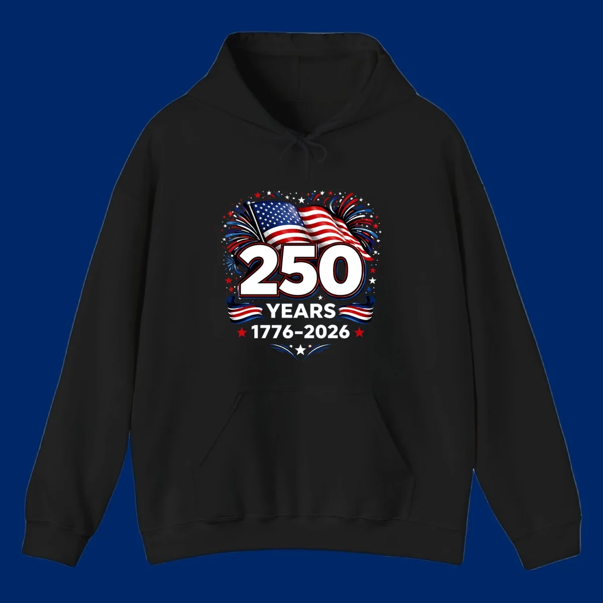 A vibrant design for America's 250th anniversary, featuring a US flag, fireworks, stars, and the text "250 YEARS 1776-2026".