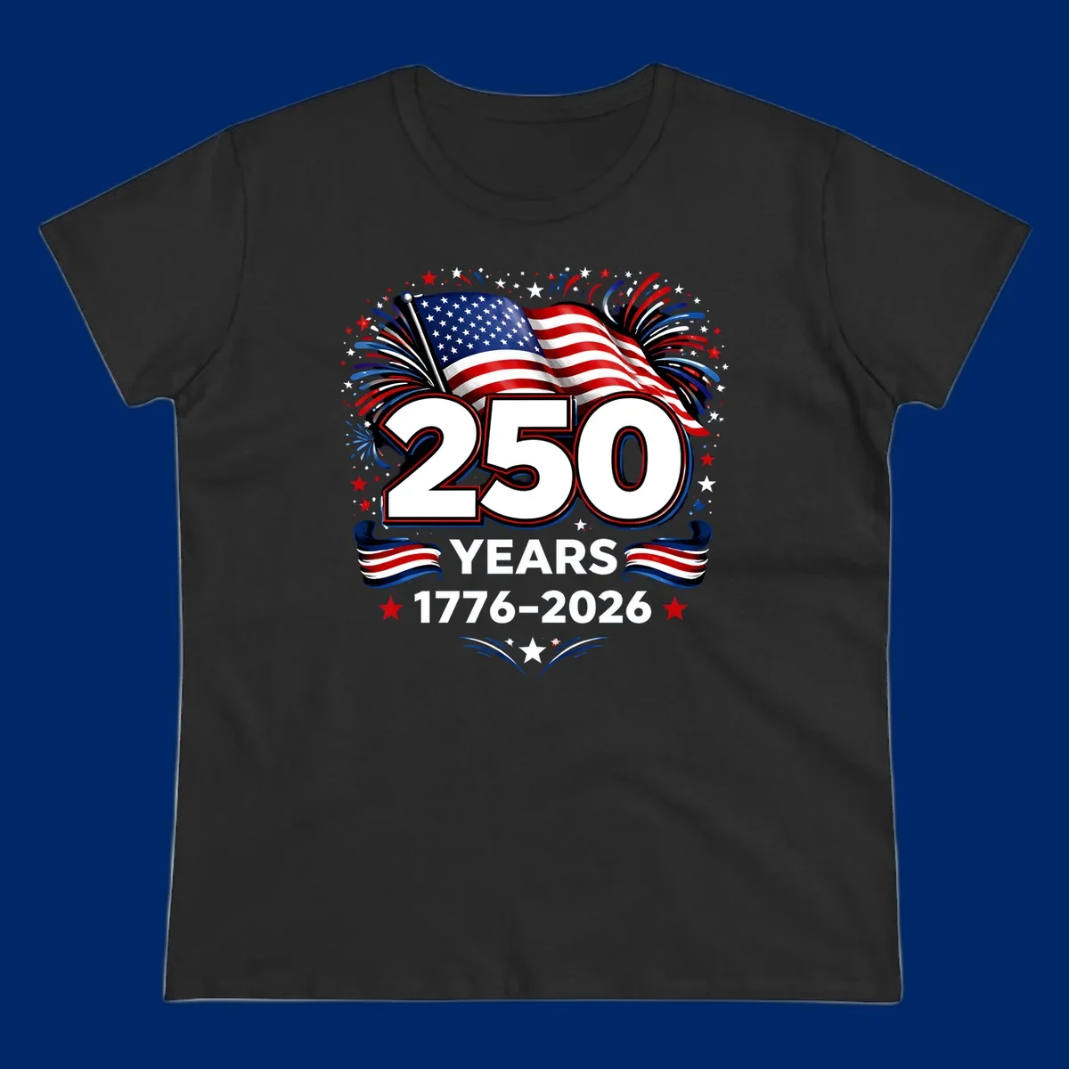 A vibrant design for America's 250th anniversary, featuring a US flag, fireworks, stars, and the text "250 YEARS 1776-2026".