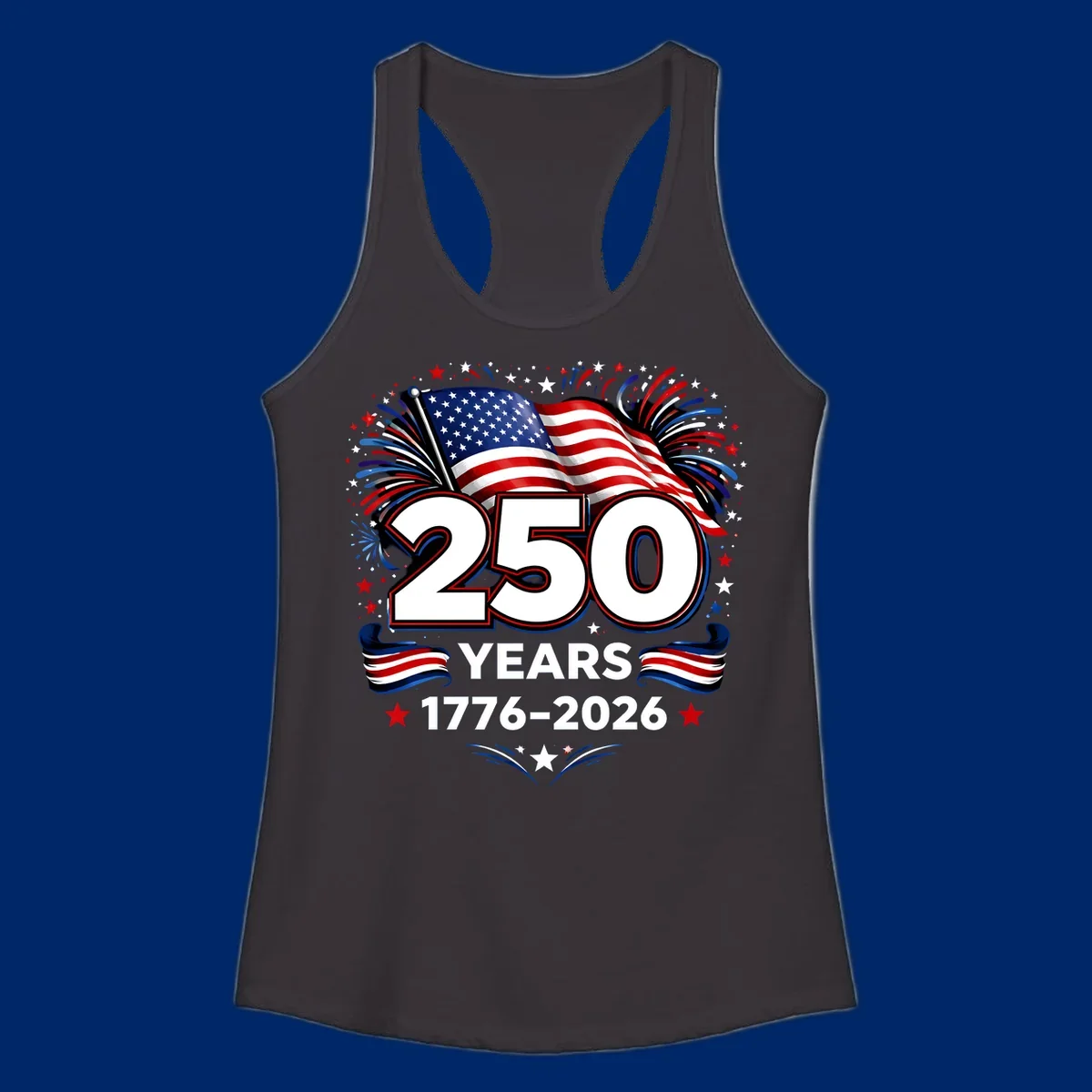 A vibrant design for America's 250th anniversary, featuring a US flag, fireworks, stars, and the text "250 YEARS 1776-2026".