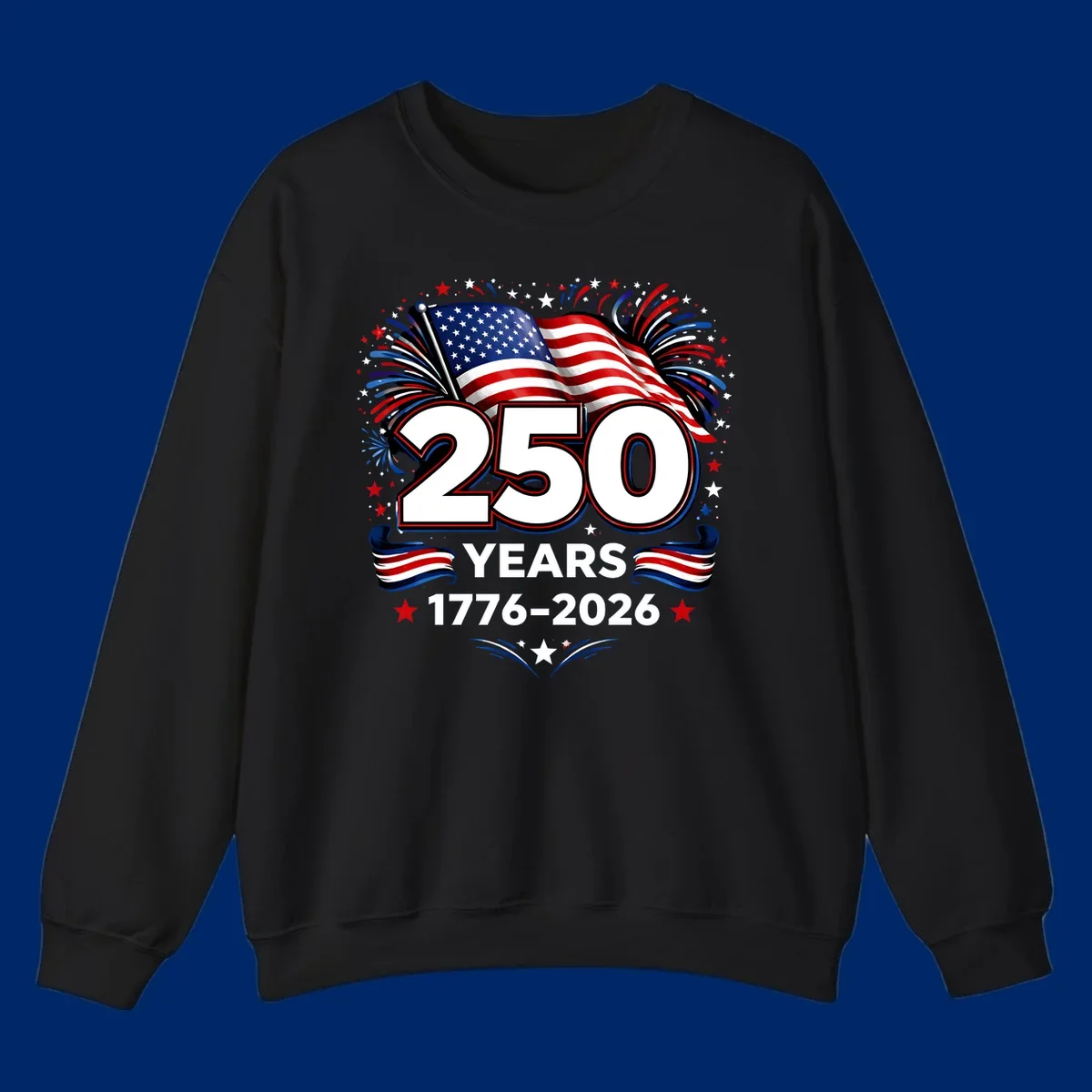 A vibrant design for America's 250th anniversary, featuring a US flag, fireworks, stars, and the text "250 YEARS 1776-2026".