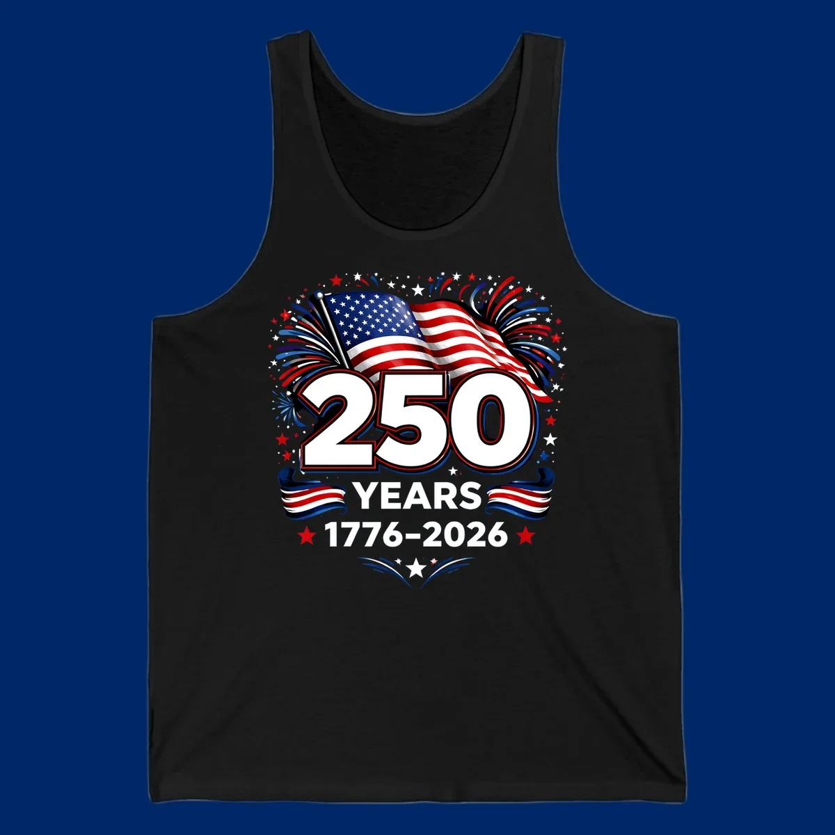 A vibrant design for America's 250th anniversary, featuring a US flag, fireworks, stars, and the text "250 YEARS 1776-2026".