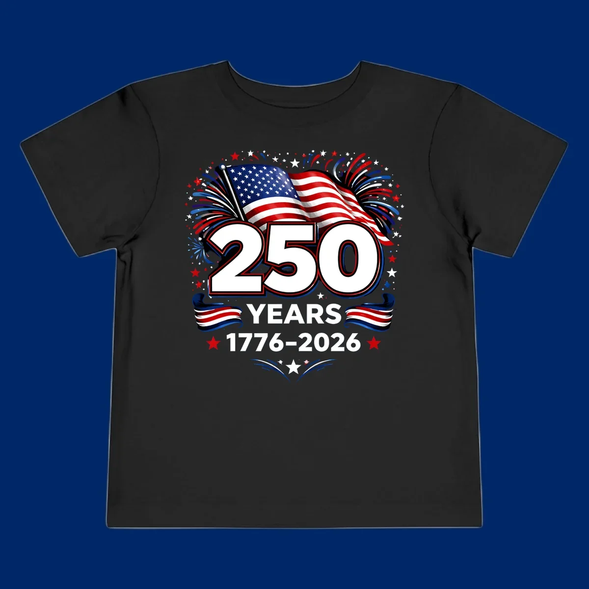 A vibrant design for America's 250th anniversary, featuring a US flag, fireworks, stars, and the text "250 YEARS 1776-2026".