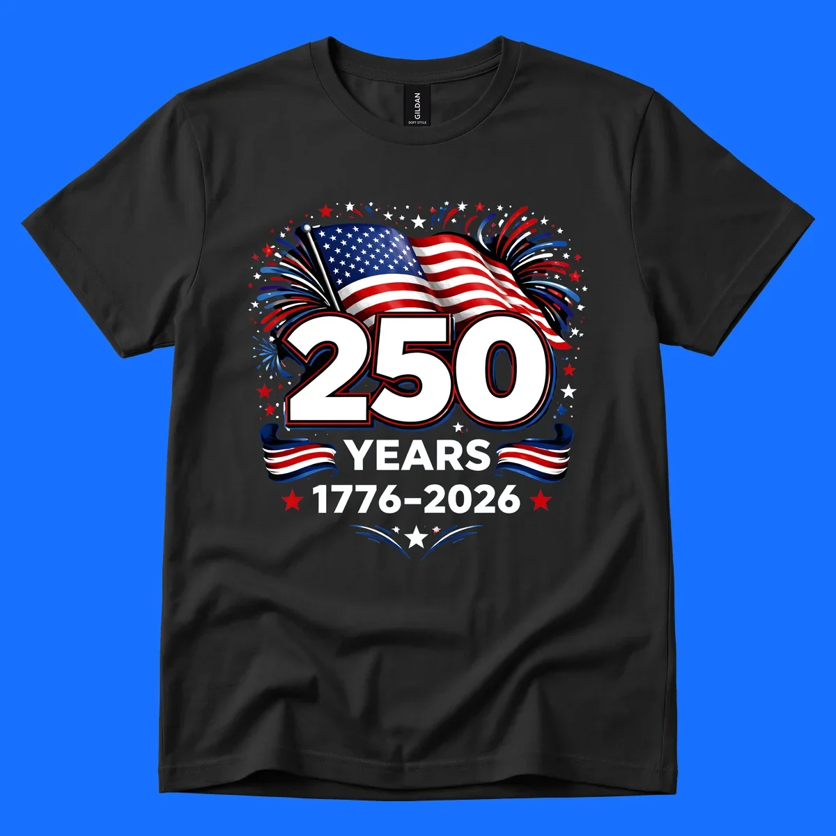 A vibrant design for America's 250th anniversary, featuring a US flag, fireworks, stars, and the text "250 YEARS 1776-2026".