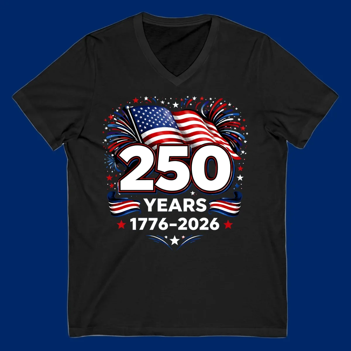 A vibrant design for America's 250th anniversary, featuring a US flag, fireworks, stars, and the text "250 YEARS 1776-2026".