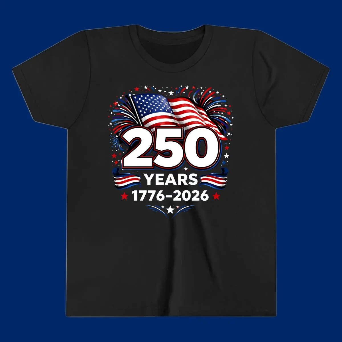 A vibrant design for America's 250th anniversary, featuring a US flag, fireworks, stars, and the text "250 YEARS 1776-2026".