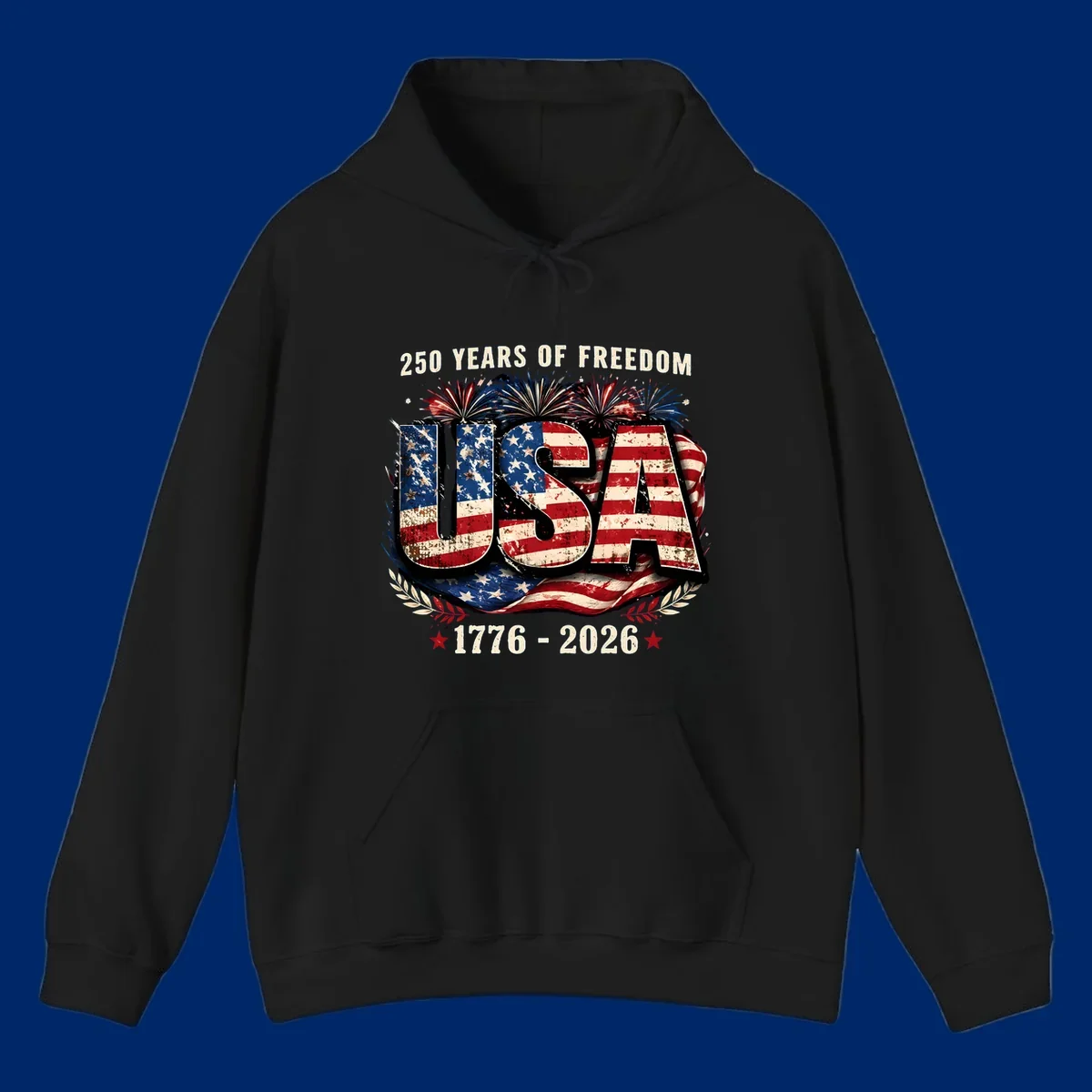 A patriotic design for America's 250 freedom anniversary, featuring distressed USA text in a flag pattern, fireworks, and dates 1776-2026.