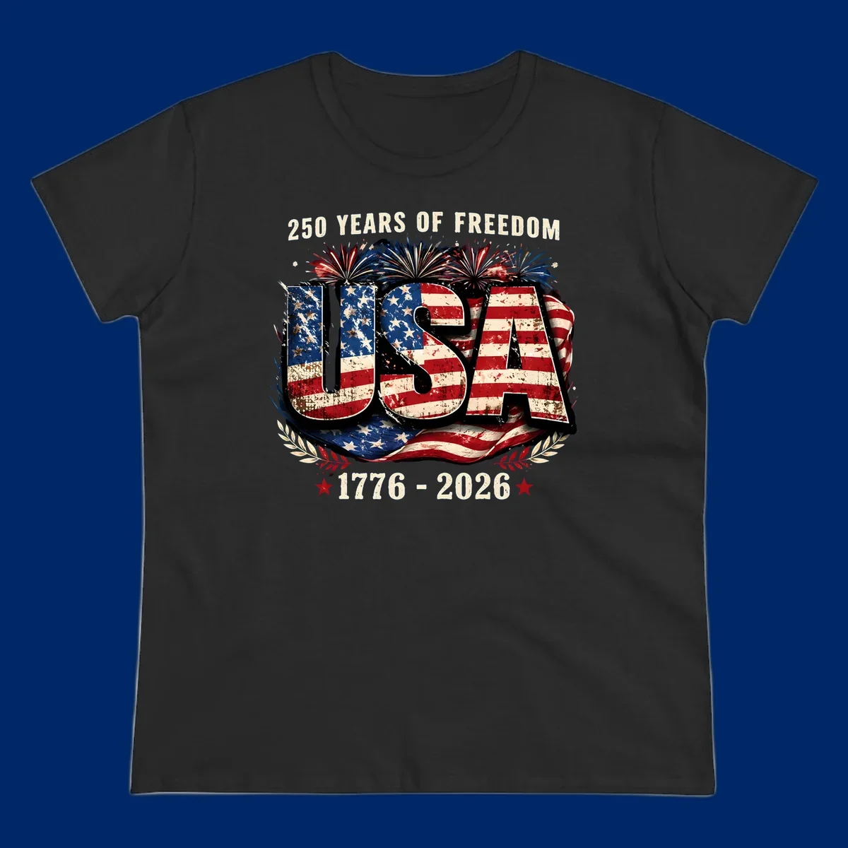 A patriotic design for America's 250 freedom anniversary, featuring distressed USA text in a flag pattern, fireworks, and dates 1776-2026.