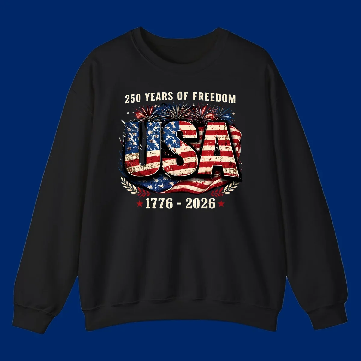 A patriotic design for America's 250 freedom anniversary, featuring distressed USA text in a flag pattern, fireworks, and dates 1776-2026.