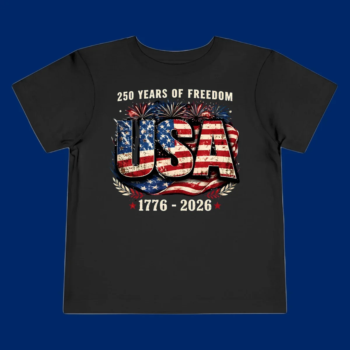 A patriotic design for America's 250 freedom anniversary, featuring distressed USA text in a flag pattern, fireworks, and dates 1776-2026.