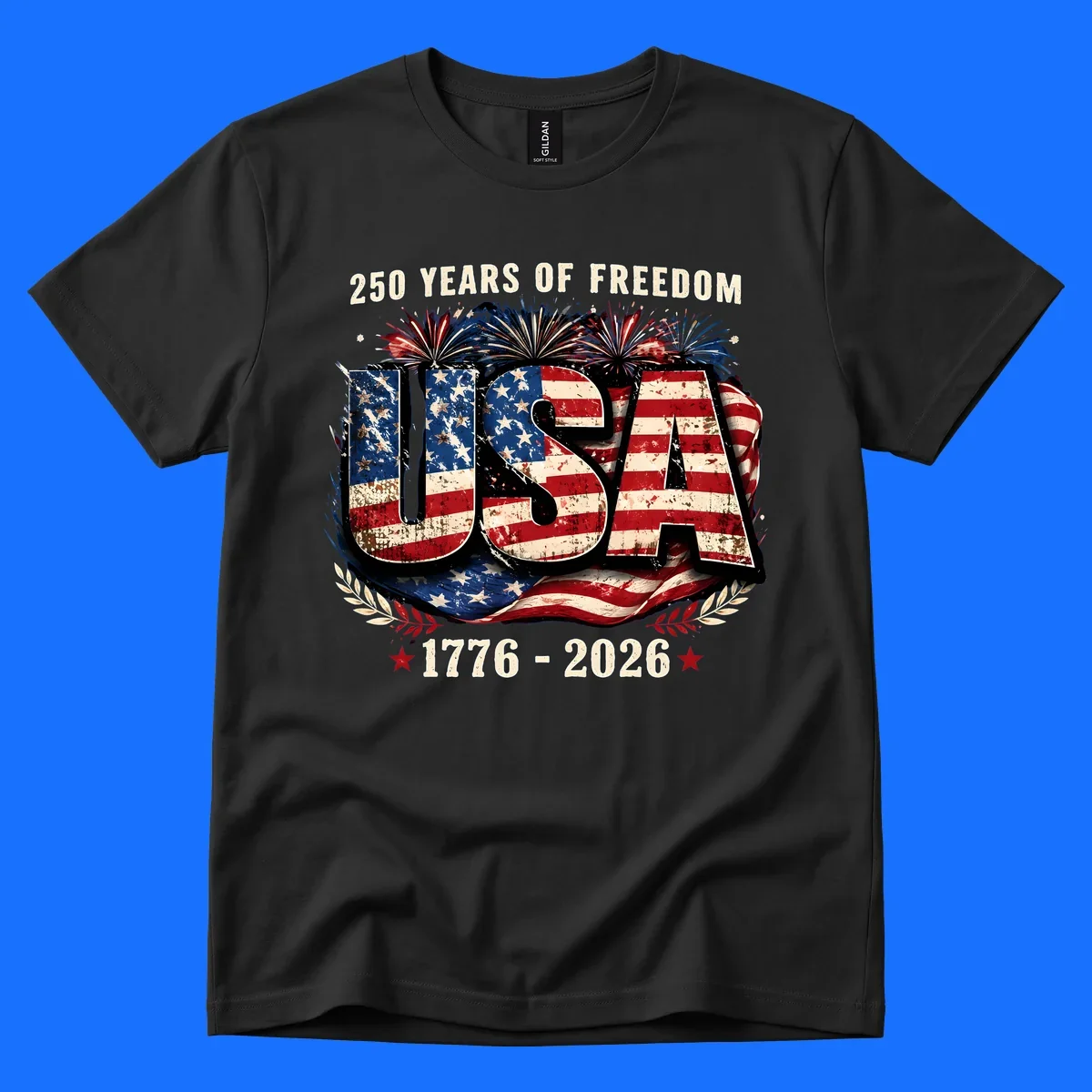 A patriotic design for America's 250 freedom anniversary, featuring distressed USA text in a flag pattern, fireworks, and dates 1776-2026.