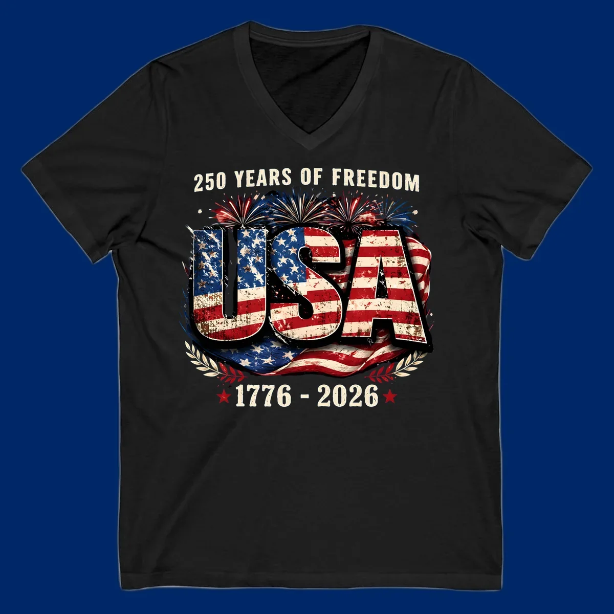 A patriotic design for America's 250 freedom anniversary, featuring distressed USA text in a flag pattern, fireworks, and dates 1776-2026.