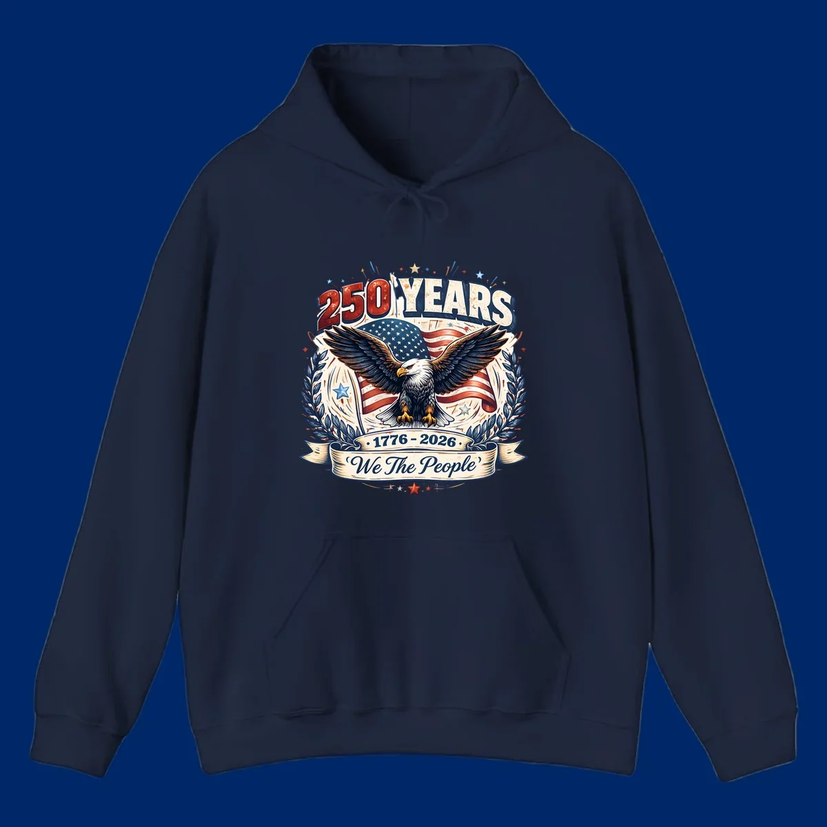 A patriotic America 250 Years Eagle design with a bald eagle, American flag, laurel wreaths, and 'We The People' text.