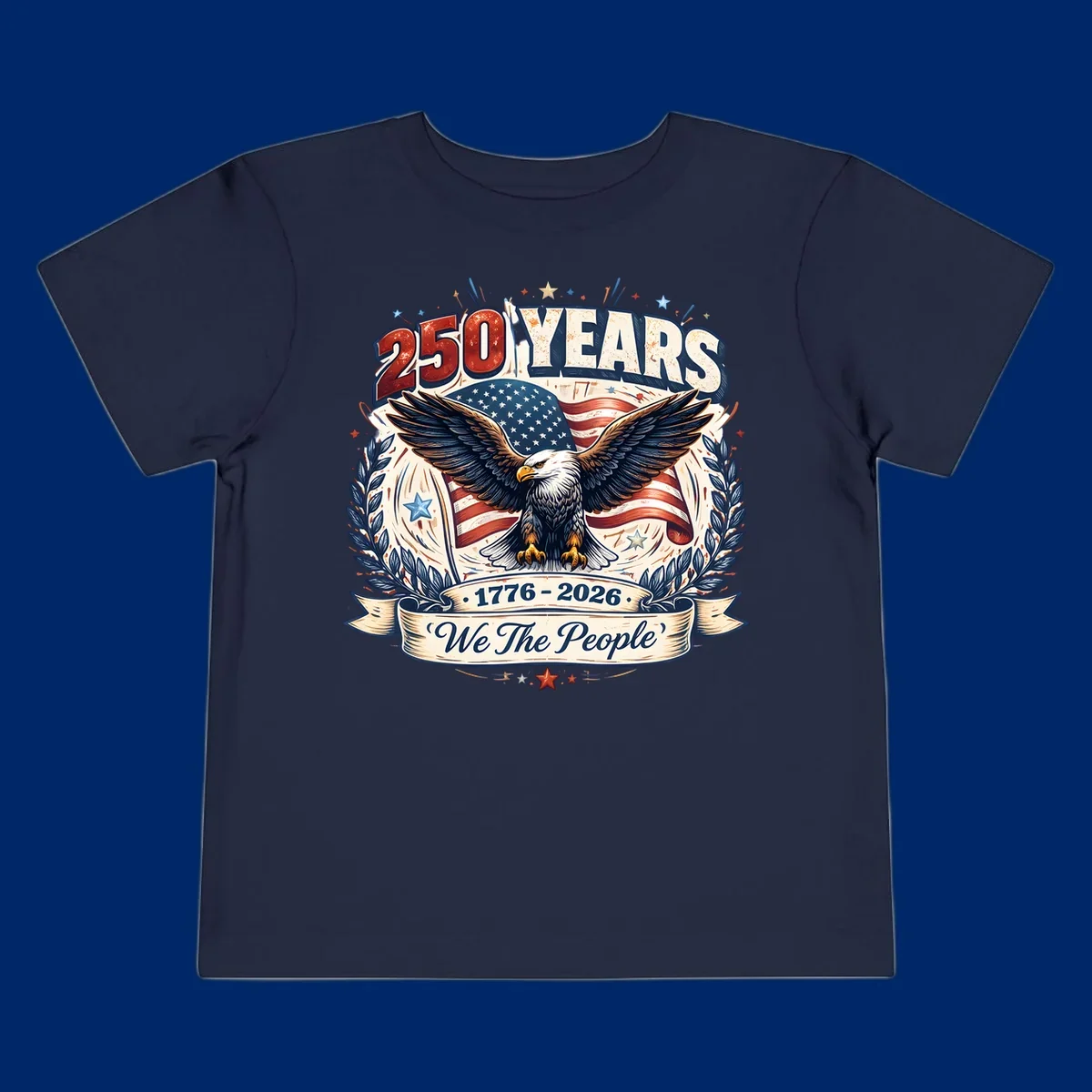 A patriotic America 250 Years Eagle design with a bald eagle, American flag, laurel wreaths, and 'We The People' text.