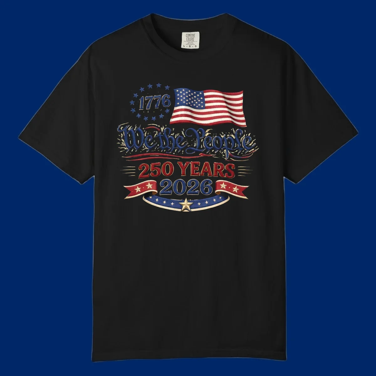 Artwork for America's 250th Semiquincentennial celebration, featuring '1776', a waving American flag, 'We the People', '250 YEARS 2026', and patriotic banners with stars, celebrating america-250-semiquincentennial-1776.