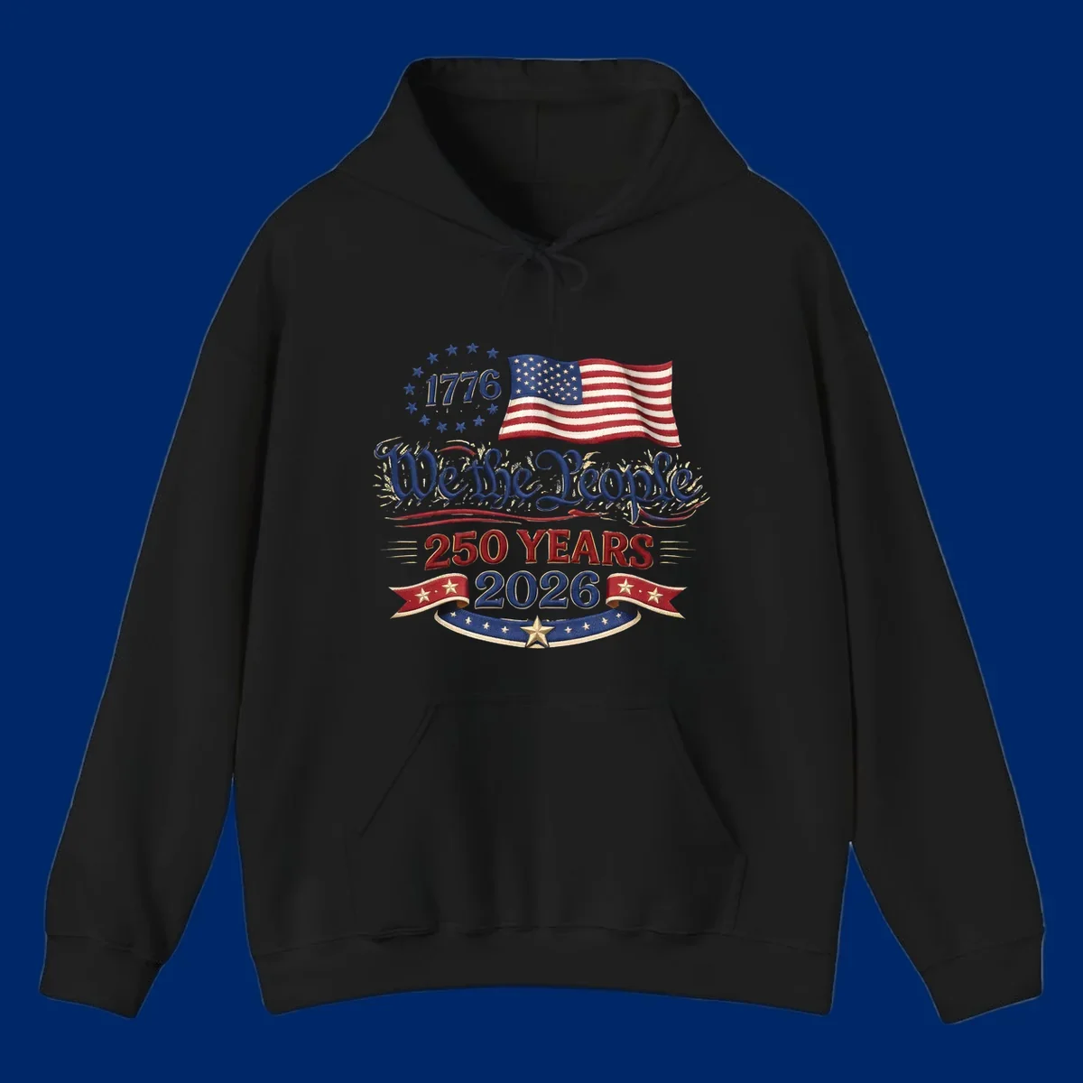 Artwork for America's 250th Semiquincentennial celebration, featuring '1776', a waving American flag, 'We the People', '250 YEARS 2026', and patriotic banners with stars, celebrating america-250-semiquincentennial-1776.