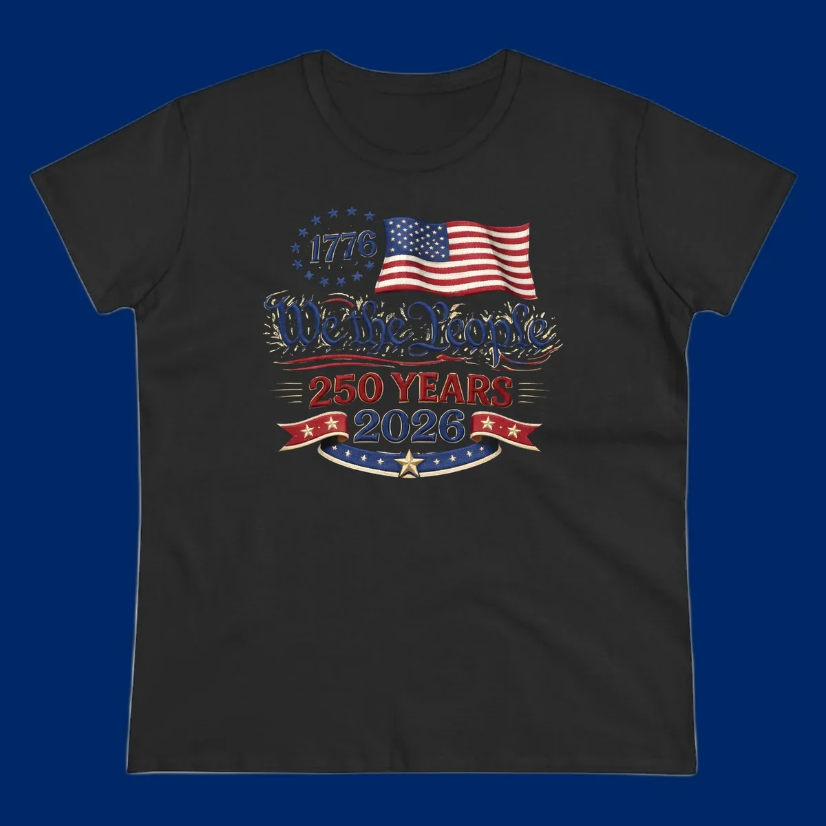 Artwork for America's 250th Semiquincentennial celebration, featuring '1776', a waving American flag, 'We the People', '250 YEARS 2026', and patriotic banners with stars, celebrating america-250-semiquincentennial-1776.