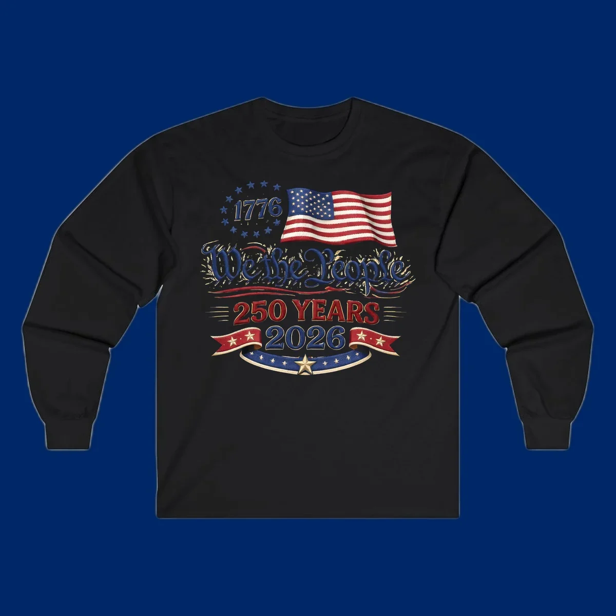 Artwork for America's 250th Semiquincentennial celebration, featuring '1776', a waving American flag, 'We the People', '250 YEARS 2026', and patriotic banners with stars, celebrating america-250-semiquincentennial-1776.