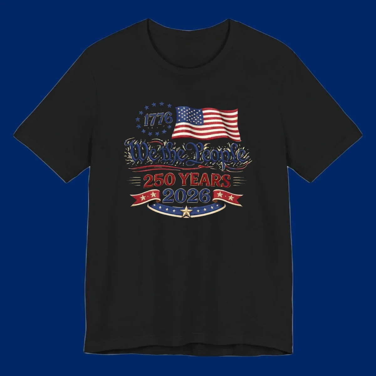 Artwork for America's 250th Semiquincentennial celebration, featuring '1776', a waving American flag, 'We the People', '250 YEARS 2026', and patriotic banners with stars, celebrating america-250-semiquincentennial-1776.