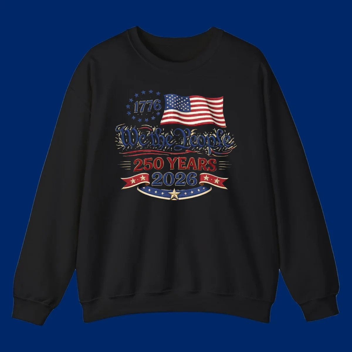 Artwork for America's 250th Semiquincentennial celebration, featuring '1776', a waving American flag, 'We the People', '250 YEARS 2026', and patriotic banners with stars, celebrating america-250-semiquincentennial-1776.