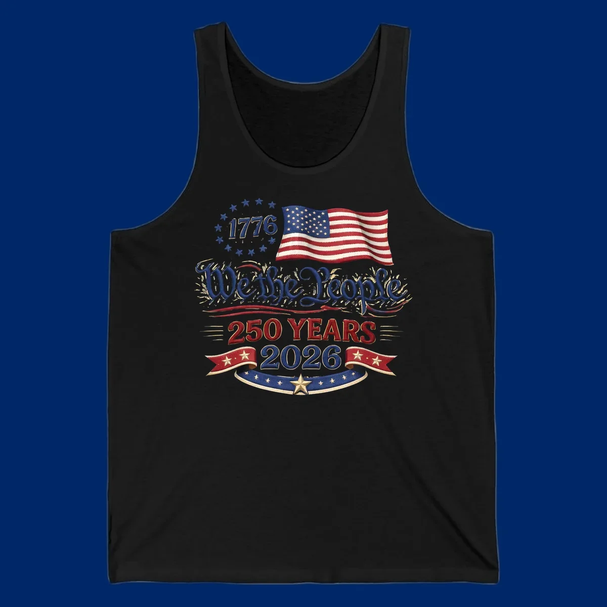 Artwork for America's 250th Semiquincentennial celebration, featuring '1776', a waving American flag, 'We the People', '250 YEARS 2026', and patriotic banners with stars, celebrating america-250-semiquincentennial-1776.