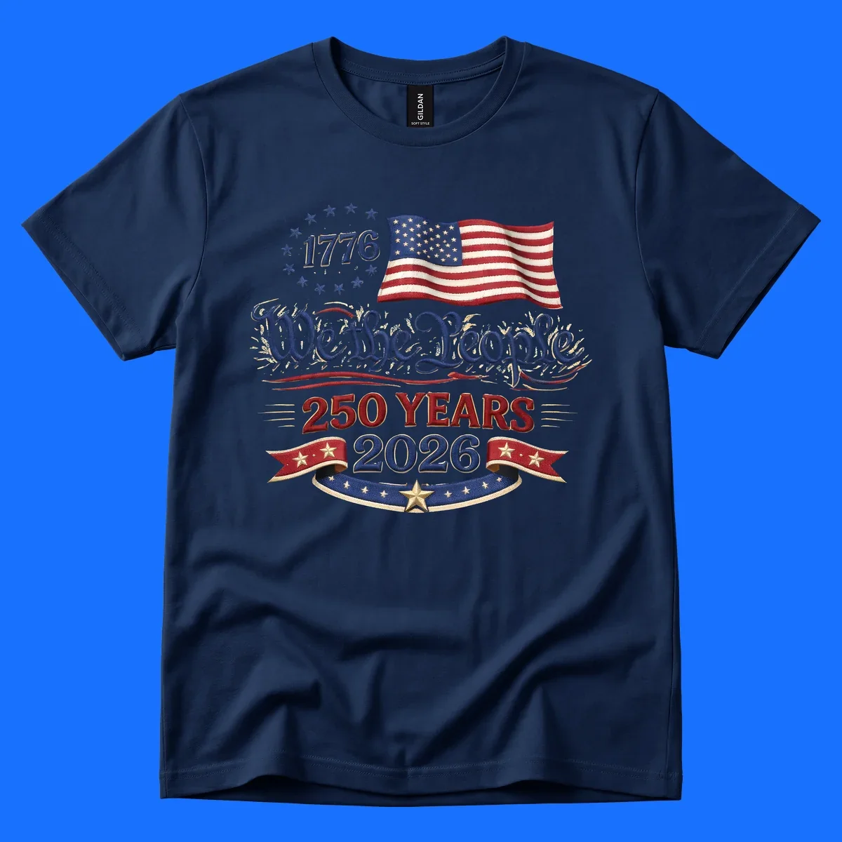 Artwork for America's 250th Semiquincentennial celebration, featuring '1776', a waving American flag, 'We the People', '250 YEARS 2026', and patriotic banners with stars, celebrating america-250-semiquincentennial-1776.