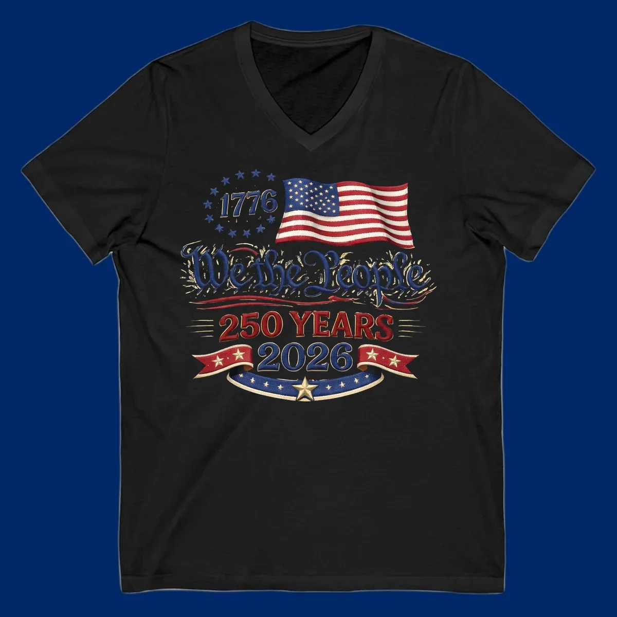 Artwork for America's 250th Semiquincentennial celebration, featuring '1776', a waving American flag, 'We the People', '250 YEARS 2026', and patriotic banners with stars, celebrating america-250-semiquincentennial-1776.