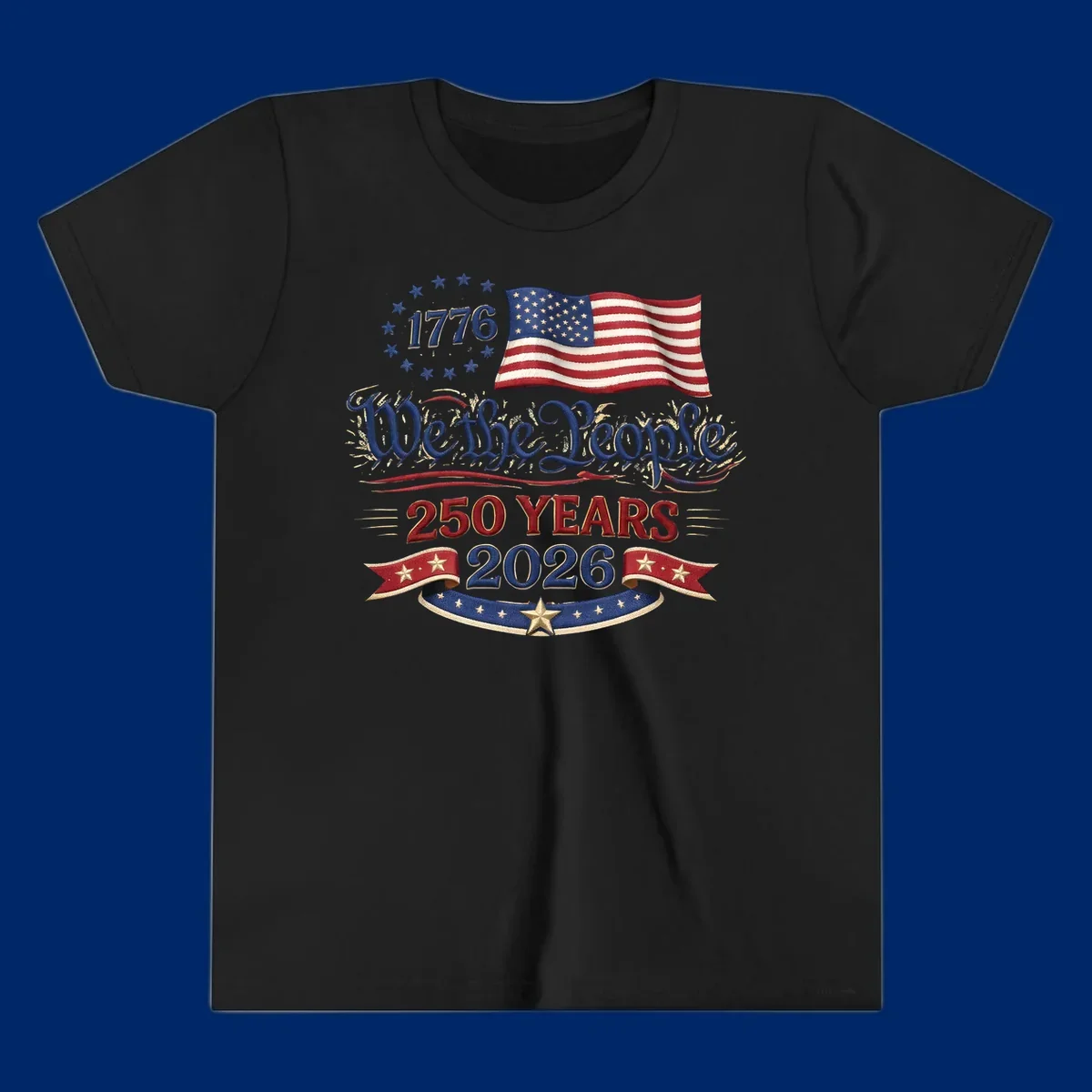 Artwork for America's 250th Semiquincentennial celebration, featuring '1776', a waving American flag, 'We the People', '250 YEARS 2026', and patriotic banners with stars, celebrating america-250-semiquincentennial-1776.